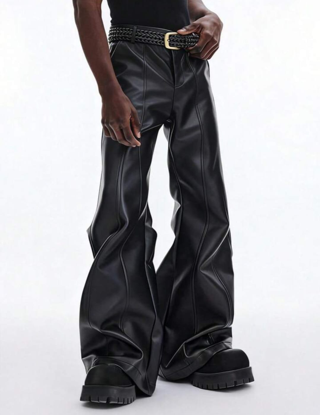 Men's Black Faux Leather Wide-Leg Pants – High-Waist Statement Trousers
